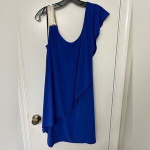 Betsy & Adam stretchy blue dress with metallic sleeve and ruffle front Size 12